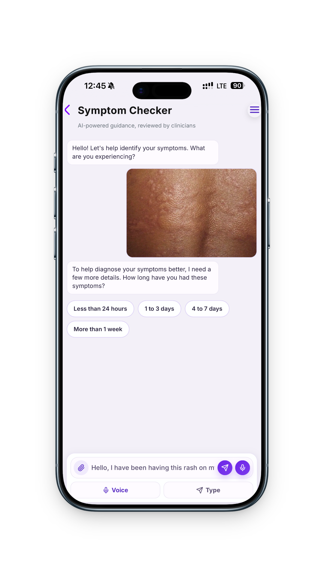 Qureo app screen where a person describes a health concern